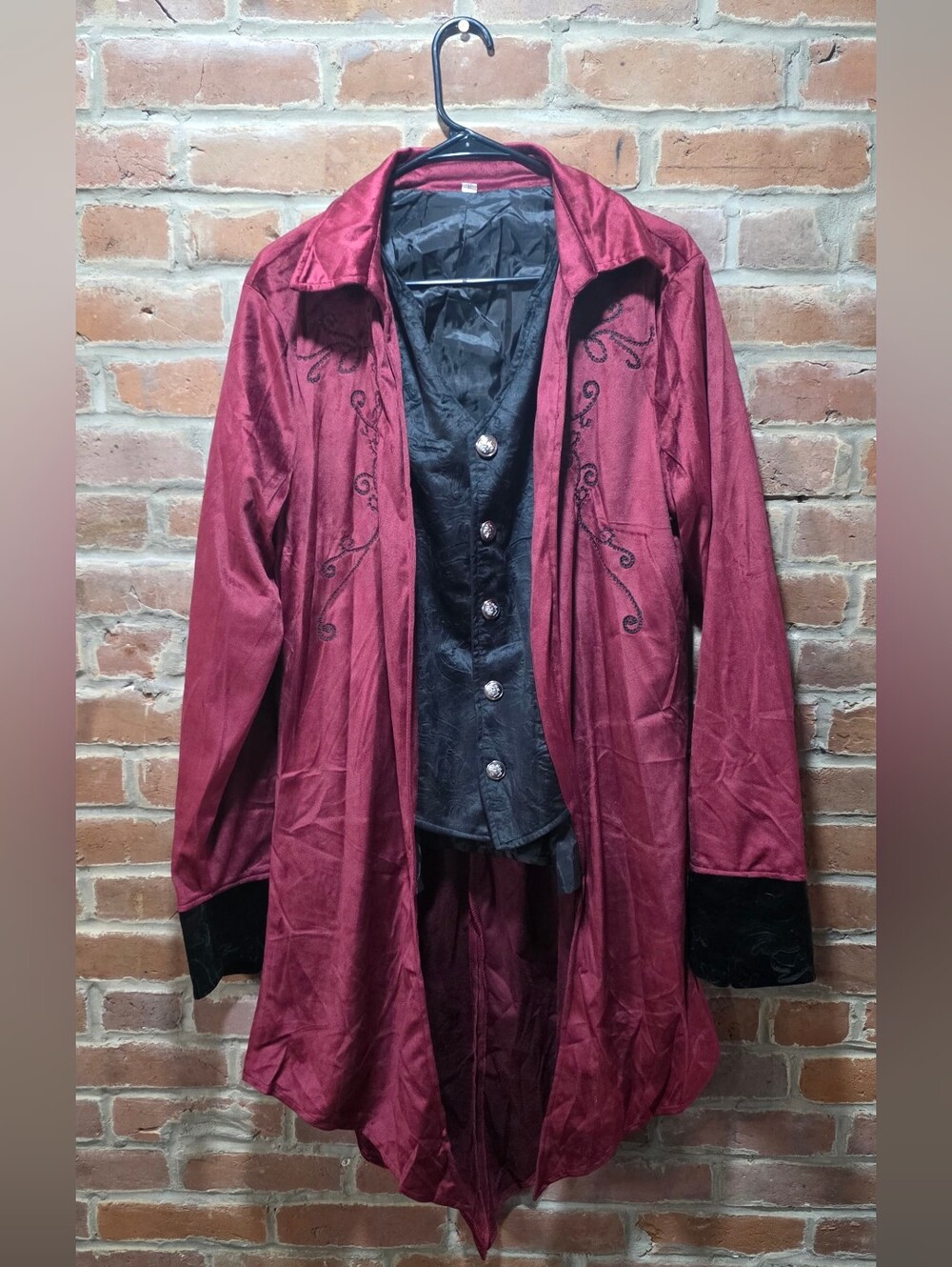 Mens Gothic Steampunk Tailcoat Jacket Size XL Burgundy Black Velvet Vest Costume